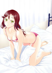 Rule 34 | 10s, 1girl, arm support, barefoot, bed, bed sheet, bra, breasts, cleavage, commentary request, curtains, day, full body, hair ornament, hairclip, half updo, indoors, kneeling, leaning forward, looking at viewer, love live!, love live! sunshine!!, muffin (sirumeria), on bed, panties, parted lips, pillow, red bra, red hair, red panties, sakurauchi riko, small breasts, solo, underwear, underwear only, window, yellow eyes