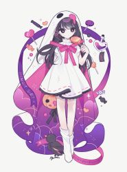 Rule 34 | 1girl, bird, black eyes, black hair, candy, candy wrapper, commentary, crow, dress, flask, food, full body, ghost costume, gradient veil, halloween, heart, heart-shaped flask, highres, holding, holding candy, holding food, holding lollipop, jack-o&#039;-lantern, lia s2, lollipop, loose socks, original, pink ribbon, potion, ribbon, ribbon-trimmed dress, scar, scar on face, short sleeves, simple background, socks, solo, two-sided fabric, two-sided veil, veil, white background, white dress, white socks