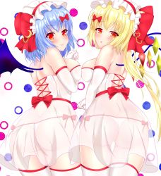 Rule 34 | 2girls, :o, ass, blonde hair, blue hair, blush, bow, bow panties, breasts, dress, elbow gloves, flandre scarlet, from behind, gloves, hair bow, hat, highres, kurenai (anohitop), mob cap, multiple girls, panties, red bow, remilia scarlet, see-through, smile, thighhighs, thong, touhou, underwear, white gloves, white headwear, white legwear, wings