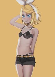 Rule 34 | 1girl, arm behind back, arm up, aruman, belt, black bra, black panties, black shorts, blonde hair, blush, bra, breasts, collarbone, female focus, frills, hairband, highres, kagamine rin, lace, lace-trimmed bra, lace-trimmed panties, lace trim, navel, open mouth, panties, short hair, short shorts, shorts, simple background, small breasts, smile, solo, standing, underwear, vocaloid, white hairband, yellow background