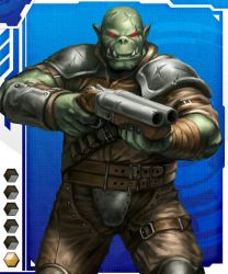 Rule 34 | 1boy, card (medium), colored skin, gradient background, green skin, lilith-soft, male focus, orc, pointy ears, red eyes, scar, solo, taimanin (series), taimanin asagi battle arena all card gallery, taimanin asagi kessen arena, weapon
