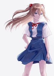 Rule 34 | 1girl, absurdres, blouse, blue dress, blue eyes, closed mouth, commentary, cowboy shot, dress, expressionless, hair between eyes, hair ornament, hand on own hip, highres, interface headset, legs apart, long hair, looking at viewer, nagitika0914, neck ribbon, neon genesis evangelion, orange hair, pinafore dress, red ribbon, ribbon, school uniform, shirt, short sleeves, simple background, sleeveless dress, solo, souryuu asuka langley, tokyo-3 middle school uniform, white background, white shirt