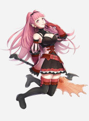 Rule 34 | 1girl, arm behind back, armpits, axe, bare shoulders, belt, black ribbon, black skirt, black thighhighs, blunt bangs, boots, breasts, cleavage, cleavage cutout, clothing cutout, corset, cowboy shot, detached sleeves, earrings, elbow gloves, female focus, finger to mouth, fire emblem, fire emblem: three houses, freikugal (weapon), full body, gloves, gonzarez, grey background, hair ribbon, hand up, heroes relic (fire emblem), highres, hilda valentine goneril, holding, holding axe, holding weapon, hoop earrings, jewelry, large breasts, long hair, looking at viewer, matching hair/eyes, nintendo, parted lips, pink belt, pink eyes, pink hair, puffy detached sleeves, puffy sleeves, red gloves, ribbon, sidelocks, simple background, skirt, smile, solo, standing, thigh boots, thighhighs, twintails, weapon