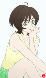 Rule 34 | 1girl, absurdres, ahoge, brown hair, chris re5, devilman, devilman crybaby, eyebrows, green eyes, highres, makimura miki, navel, shirt, short hair, shorts, simple background, smile, solo, white background, yellow shirt