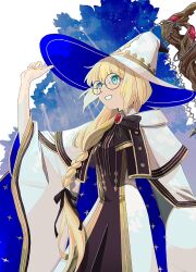 Rule 34 | 1girl, black bow, blonde hair, blue eyes, bow, braid, fate/grand order, fate (series), glasses, hat, highres, huwamo9 8ku, long hair, robe, smile, staff, aesc (fate), aesc (rain witch) (fate), white robe, wide sleeves, witch hat