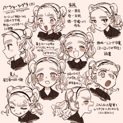 Rule 34 | anger vein, angry, eisu (eith), expression chart, expressions, forehead, hairband, happy, harsha (eisu), highres, monochrome, multiple persona, original, sad, simple background, surprised, tears, thick eyebrows, translation request, twintails, yellow background