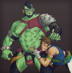 Rule 34 | 2boys, abs, bara, black hair, blush, colored skin, crotch, green skin, highres, kiashigetsnasty, male focus, multiple boys, muscular, naughty face, orc, pectorals, penis, piercing, size difference, undressing, yaoi