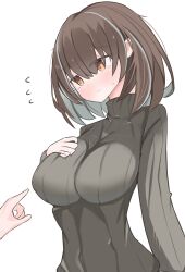 Rule 34 | 1girl, 1other, absurdres, arknights, black sweater, blush, breasts, brown eyes, brown hair, colored inner hair, commentary request, grey hair, highres, large breasts, long sleeves, magallan (arknights), multicolored hair, nui (nuinui0300), short hair, simple background, solo focus, sweater, turtleneck, turtleneck sweater, two-tone hair, white background