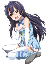 Rule 34 | 10s, 1girl, bare shoulders, blue hair, blush, boots, brown eyes, dress, embarrassed, long hair, looking at viewer, love live!, love live! school idol festival, love live! school idol project, open mouth, solo, sonoda umi, tetsujin momoko, thighhighs