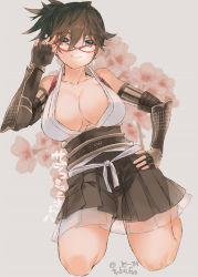 Rule 34 | 1girl, adjusting eyewear, blue eyes, breasts, brown hair, cleavage, collarbone, commentary request, fantasy earth zero, fingerless gloves, floral background, glasses, gloves, grey background, hakama, hakama short skirt, hakama skirt, hand on own hip, japanese clothes, large breasts, looking at viewer, pleated skirt, red-framed eyewear, skirt, smile, solo, standing, tooka, translation request, twitter username