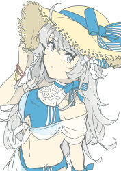 Rule 34 | 1girl, ahoge, bikini, blue bikini, blue bow, bow, breasts, cleavage, closed mouth, front-tie top, grey eyes, grey hair, hair ornament, hat, hat bow, highres, kantai collection, long hair, medium breasts, ninimo nimo, official alternate costume, sarong, see-through, shirt, simple background, solo, star (symbol), swimsuit, washington (kancolle), white background, white shirt