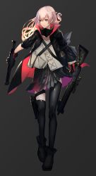 Rule 34 | 1girl, absurdres, ar-15, assault rifle, asymmetrical legwear, asymmetrical sleeves, black footwear, black jacket, black thighhighs, blue eyes, boots, closed mouth, commentary, dual wielding, fixro2n, girls&#039; frontline, gloves, grey background, grey skirt, gun, hair between eyes, highres, holding, holding gun, holding weapon, jacket, light brown hair, long hair, long sleeves, looking away, looking to the side, mod3 (girls&#039; frontline), name connection, object namesake, open clothes, open jacket, pleated skirt, red gloves, rifle, shirt, short sleeves, skirt, sleeves past wrists, solo, st ar-15 (girls&#039; frontline), st ar-15 (mod3) (girls&#039; frontline), thighhighs, uneven legwear, uneven sleeves, weapon, white shirt