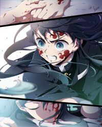 Rule 34 | 2boys, aqua hair, attack, bed sheet, black hair, blood, blood on face, blood on hands, brothers, child, clenched teeth, closed eyes, corpse, death, demon slayer uniform, egasumi, facial mark, facing viewer, floating hair, futon, gradient hair, hana ni nare, highres, holding hands, kimetsu no yaiba, long hair, long sleeves, lying, male focus, motion blur, multicolored hair, multiple boys, on bed, on stomach, outstretched arms, remembering, siblings, signature, split screen, spoilers, streaked hair, sweat, teeth, tokitou muichirou, tokitou yuichirou, twins, water, wet, wet clothes, wet hair, white background, wide sleeves