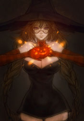 Rule 34 | 1girl, bad id, bad pixiv id, bare shoulders, black dress, black thighhighs, braid, breasts, brown hair, choker, cleavage, dress, elbow gloves, glasses, gloves, halloween, hat, large breasts, lips, long hair, magic, narrow waist, original, pumpkin, purple eyes, smile, solo, spell, stf amagihana, strapless, strapless dress, striped, thighhighs, twin braids, very long hair, witch, witch hat