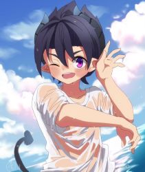 Rule 34 | 1boy, blue sky, child, cloud, cloudy sky, collarbone, demon boy, demon tail, great kichi, hair between eyes, horns, one eye closed, open mouth, pointy ears, pop-up story, purple eyes, shirt, short sleeves, sky, smile, solo, tail, teeth, upper teeth only, wading, wet, wet clothes, wet shirt, white shirt, ziz glover