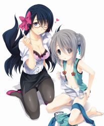 Rule 34 | 2girls, ;), barefoot, bespectacled, blue eyes, blue hair, bow, bow bra, bra, breasts, censored, cleavage, contemporary, cover, crotch seam, dress shirt, dvd cover, feet, glasses, grey hair, hair bow, hair ribbon, highres, jpeg artifacts, large breasts, long hair, miyama-zero, multiple girls, censored nipples, niwa nagahide (oda nobuna no yabou), oda nobuna no yabou, official art, one-piece swimsuit, one eye closed, panties, panties under pantyhose, pantyhose, purple bra, resized, ribbon, school swimsuit, shirt, shoes, short hair, sitting, skirt, small breasts, smile, swimsuit, takenaka hanbee (oda nobuna no yabou), toes, underwear, white panties, white school swimsuit, white one-piece swimsuit, wink