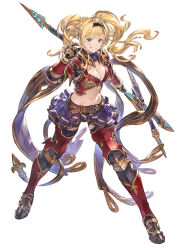 Rule 34 | 1girl, armor, armored boots, belt, blonde hair, blue eyes, boots, breasts, cleavage, detached sleeves, full body, gauntlets, granblue fantasy, granblue fantasy versus, hairband, holding, holding weapon, large breasts, long hair, midriff, minaba hideo, navel, official art, parted lips, polearm, simple background, skirt, smile, solo, standing, stomach, twintails, weapon, white background, zeta (granblue fantasy)
