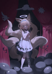 Rule 34 | 1girl, absurdres, alternate costume, animal ear fluff, animal ears, arknights, ball, bare legs, bare shoulders, black choker, black ribbon, blonde hair, blush, braid, braided hair rings, choker, closed mouth, curtains, dark background, dingding (chongsangjun), dress, fox ears, fox girl, fox tail, green eyes, hair rings, halo, highres, infection monitor (arknights), leg ribbon, looking at viewer, material growth, multiple tails, oripathy lesion (arknights), own hands clasped, own hands together, ribbon, short hair, sleeveless, sleeveless dress, solo, standing, suzuran (arknights), tail, white dress