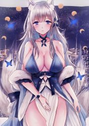 Rule 34 | 1girl, 3days lemon, absurdres, animal ear fluff, animal ears, azur lane, bare shoulders, blue butterfly, blue collar, blue dress, blue eyes, breasts, bug, butterfly, center opening, cleavage, collar, dress, evening gown, feather boa, fox ears, fox girl, grey hair, halter dress, halterneck, highres, insect, kitsune, kyuubi, large breasts, large tail, long hair, looking at viewer, mole, mole under eye, moon phases, multiple tails, official alternate costume, pelvic curtain, shinano (azur lane), shinano (dreams of the hazy moon) (azur lane), sky, sleeveless, sleeveless dress, solo, standing, star (sky), starry sky, tail, thighs, white tail, wrist flower