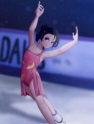 Rule 34 | 1girl, absurdres, black hair, figure skating, highres, leotard, medalist (manga), pink leotard, yuitsuka inori