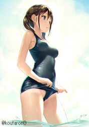 Rule 34 | 1girl, adjusting clothes, adjusting swimsuit, armpit crease, armpits, bare shoulders, black hair, black one-piece swimsuit, blue eyes, breasts, brown hair, closed mouth, clothes pull, cloud, commentary, covered navel, from below, from side, hair between eyes, koutaro, looking ahead, medium breasts, old school swimsuit, one-piece swimsuit, one-piece swimsuit pull, one-piece tan, original, school swimsuit, shallow water, sky, swimsuit, tan, tanline, thighs, twintails, twitter username, water, wavy mouth