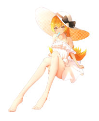 Rule 34 | 1girl, 271, absurdres, bakemonogatari, bare legs, bare shoulders, barefoot, blonde hair, bow, dress, food, food in mouth, frilled dress, frills, hat, highres, monogatari (series), on floor, oshino shinobu, patterned clothing, popsicle, popsicle in mouth, sitting, solo, sun hat, yellow eyes