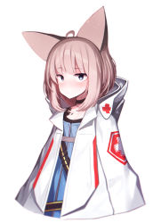 Rule 34 | 1girl, absurdres, ahoge, animal ears, arknights, beudelb, black choker, blue eyes, blue shirt, blush, brown hair, choker, flat chest, fox ears, fox girl, highres, hood, hood down, hooded jacket, jacket, looking at viewer, material growth, open clothes, open jacket, oripathy lesion (arknights), shirt, short hair, simple background, solo, sussurro (arknights), upper body, white background, white jacket