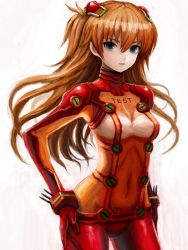 Rule 34 | 00s, 1girl, bad id, bad pixiv id, blue eyes, bodysuit, brown hair, evangelion: 2.0 you can (not) advance, hands on own hips, hiro1984, long hair, multicolored clothes, neon genesis evangelion, plugsuit, rebuild of evangelion, red bodysuit, see-through, see-through bodysuit, shiny clothes, simple background, solo, souryuu asuka langley, test plugsuit, very long hair, wide hips