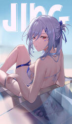 1girl absurdres alternate_costume back bare_shoulders bikini blue_bow blue_hair blue_sky bow closed_mouth commentary day earrings feet_out_of_frame from_behind hair_bow highres honkai:_star_rail honkai_(series) jewelry jingliu_(honkai:_star_rail) kinokoneko knee_up leaning_back long_hair looking_at_viewer median_furrow red_eyes reflective_surface shoulder_blades sidelocks sitting sky solo swimsuit white_bikini