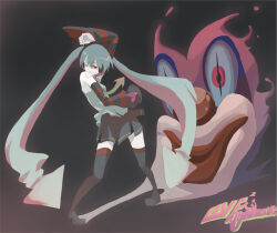 Rule 34 | 1girl, arrow (symbol), black background, black footwear, black skirt, blue hair, boots, clown, detached sleeves, full body, grey shirt, grin, hatsune miku, long hair, long sleeves, love love nightmare (vocaloid), one eye closed, red eyes, shirt, simple background, skirt, smile, solo, song name, striped sleeves, tansuke, thigh boots, twintails, very long hair, vocaloid
