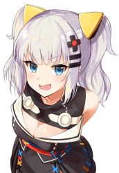 Rule 34 | 1girl, :d, bad id, bad twitter id, black dress, blue eyes, blush, breasts, cleavage, cleavage cutout, clothing cutout, commentary request, dress, fang, hair ornament, hairclip, kaguya luna, large breasts, leaning forward, looking at viewer, miruto netsuki, open mouth, purple hair, sash, simple background, smile, solo, the moon studio, twintails, upper body, v-shaped eyebrows, virtual youtuber, white background