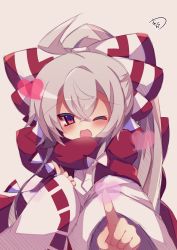 Rule 34 | 1girl, ;d, ahoge, blush, bow, commentary request, fujiwara no mokou, fur-trimmed sleeves, fur trim, grey hair, hair between eyes, hair bow, heart, high ponytail, highres, index finger raised, koi dance, long hair, long sleeves, muuran, one eye closed, open mouth, outstretched arm, ponytail, red eyes, red scarf, scarf, signature, sleeves past wrists, smile, solo, touhou, very long hair, white bow, wide sleeves