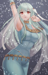 Rule 34 | 1girl, absurdres, aqua hair, arm up, armpits, bare shoulders, belly chain, blue hair, breasts, circlet, commentary, dress, expressionless, fire emblem, fire emblem: the blazing blade, grey background, hair ornament, hazuki (nyorosuke), highres, jewelry, large breasts, long dress, long hair, looking at viewer, mermaid dress, ninian (fire emblem), nintendo, open mouth, red eyes, simple background, sleeveless, sleeveless dress, smile, solo, veil