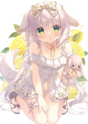 Rule 34 | 1girl, :o, animal ears, bare shoulders, black footwear, bow, bow panties, collarbone, commentary, dog ears, dog girl, dog tail, dress, food, fruit, green eyes, grey hair, hair between eyes, hair bow, knees together feet apart, lemon, long hair, looking at viewer, navel, hugging object, off-shoulder dress, off shoulder, original, panties, parted lips, sandals, simple background, solo, stuffed animal, stuffed rabbit, stuffed toy, symbol-only commentary, tail, underwear, water drop, white background, white bow, white dress, white panties, yukie (peach candy)