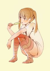 Rule 34 | 00s, 1girl, 3four, blonde hair, blush, colorized, eating, food, maka albarn, popsicle, shirt, simple background, sitting, solo, soul eater, striped clothes, striped thighhighs, t-shirt, thighhighs, twintails