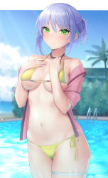 Rule 34 | 1girl, bare shoulders, bikini, blue sky, blush, breasts, collarbone, commentary request, cowboy shot, day, green eyes, hands on own chest, highres, jewelry, looking at viewer, medium breasts, mizuya nao, navel, necklace, off shoulder, original, outdoors, pool, pool ladder, purple hair, ribbon, see-through, short hair, short ponytail, short sleeves, side-tie bikini bottom, sky, solo, stomach, swimsuit, underboob, water, yellow bikini, yellow ribbon