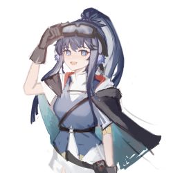 Rule 34 | 1girl, :d, arknights, astgenne (arknights), black capelet, black gloves, blue eyes, blue hair, blue vest, breasts, capelet, diamond-shaped pupils, diamond (shape), dlin (nnnl521), female focus, gloves, goggles, goggles on head, hand on goggles, hand up, highres, looking at viewer, open mouth, ponytail, shirt, sidelocks, simple background, sketch, small breasts, smile, solo, symbol-shaped pupils, upper body, vest, white background, white shirt