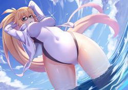 Rule 34 | 1girl, ahoge, antenna hair, arms up, black-framed eyewear, blonde hair, blue sky, blush, breasts, breasts apart, caustics, cloud, competition swimsuit, covered navel, cowboy shot, day, dutch angle, fate/grand order, fate (series), fisheye, from below, glasses, glint, hair between eyes, hair tie in mouth, high collar, holding, holding hair, jacket, jeanne d&#039;arc (fate), jeanne d&#039;arc (ruler) (fate), jeanne d&#039;arc (swimsuit archer) (fate), jeanne d&#039;arc (swimsuit archer) (second ascension) (fate), kuen (kuennn12), large breasts, long hair, looking at viewer, mouth hold, ocean, one-piece swimsuit, open clothes, open jacket, outdoors, ponytail, reflection, sidelocks, sky, smile, solo, standing, swimsuit, swimsuit under clothes, thighs, very long hair, wading, whistle, whistle around neck, white jacket, white one-piece swimsuit, wide hips