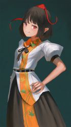 Rule 34 | 1girl, black hair, blue background, closed mouth, collared shirt, commentary, fjsmu, green background, greyscale, hand on own hip, hands on own hips, hat, highres, light blush, looking at viewer, monochrome, red eyes, red hat, ribbon, shameimaru aya, shirt, short hair, sidelocks, simple background, skirt, smile, smug, solo, standing, tokin hat, touhou