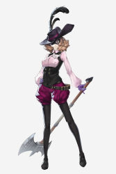 Rule 34 | 10s, 1girl, absurdres, axe, black feathers, black hat, black pantyhose, brown eyes, brown hair, feathers, full body, gloves, gy (artist), hand on own hip, hat, hat feather, hat ribbon, highres, holding, holding weapon, looking at viewer, mask, okumura haru, pantyhose, pantyhose under shorts, persona, persona 5, pink shirt, puffy shorts, purple gloves, purple ribbon, purple shorts, ribbon, shirt, shorts, simple background, smile, solo, standing, weapon, white background, white neckwear