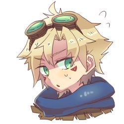 Rule 34 | 1boy, blonde hair, ezreal, goggles, goggles on head, green eyes, league of legends, lowres, male focus, scarf, shimatta, solo, sweatdrop, tattoo, triangle mouth