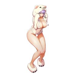 Rule 34 | 1girl, animal hood, atalanta (last origin), bear hood, bear slippers, blush, bottomless, breasts, censored, censored nipples, cleavage, full body, game cg, green eyes, highres, hood, kakiman, large breasts, last origin, looking at viewer, naked shirt, official art, purple hair, shirt, slippers, solo, standing, tachi-e, transparent background