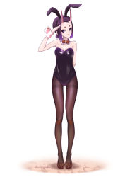 Rule 34 | 1girl, absurdres, animal ears, arm behind back, bare shoulders, black leotard, black pantyhose, blush, breasts, closed mouth, collarbone, detached collar, eyeliner, fake animal ears, fate/grand order, fate (series), forehead, full body, hair pulled back, hairband, highres, horns, legs, leotard, looking at viewer, makeup, obabynight, oni, pantyhose, playboy bunny, purple eyes, purple hair, rabbit ears, short eyebrows, short hair, short ponytail, shuten douji (fate), simple background, skin-covered horns, small breasts, smile, strapless, strapless leotard, thighband pantyhose, wrist cuffs