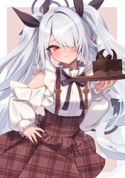 Rule 34 | 1girl, absurdres, blue archive, blush, breasts, brown skirt, cake, closed mouth, food, frilled sleeves, frills, grey hair, hair over one eye, halo, highres, holding, holding tray, iori (blue archive), long hair, long sleeves, looking at viewer, official alternate costume, plaid, plaid skirt, pointy ears, purple halo, red eyes, sakurahuji-iro, shirt, skirt, small breasts, smile, solo, tray, twintails, white shirt