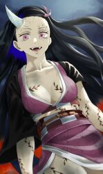 Rule 34 | 1girl, absurdres, aged up, black hair, breasts, commentary request, demon girl, fangs, fengling (furin-jp), hair ribbon, haori, highres, horns, japanese clothes, kamado nezuko, kimetsu no yaiba, kimono, long hair, looking at viewer, medium breasts, pink eyes, pink kimono, pink ribbon, ribbon, single horn, slit pupils, solo, standing, veins