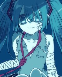 1girl aqua_eyes aqua_hair bags_under_eyes bandaged_arm bandages bare_shoulders blue_background closed_mouth commentary gauze gauze_on_cheek hatsune_miku intravenous_drip long_hair looking_at_viewer noose shirt sitting sleeveless sleeveless_shirt solo tears tere_douga twintails upper_body vocaloid