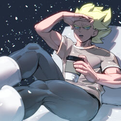 Rule 34 | 1boy, alternate costume, bara, blonde hair, bodysuit, covering own eyes, cup, disposable cup, dragon ball, dragonball z, foreshortening, frown, highres, looking to the side, male focus, muscular, muscular male, pectorals, receding hairline, shirt, short hair, sideburns, snowing, solo, spiked hair, super saiyan, supobi, t-shirt, thick eyebrows, thick thighs, thighs, vegeta