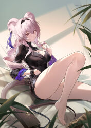 Rule 34 | 1girl, absurdres, animal ears, arknights, ass, bare legs, barefoot, black dress, breasts, cleavage, cleavage cutout, closed mouth, clothing cutout, dress, earrings, feet, hairband, hand up, highres, jewelry, jiusan naitang, knee up, large breasts, lin (arknights), long hair, long sleeves, looking at viewer, lying, mouse ears, mouse girl, mouse tail, on back, reclining, short dress, smile, solo, tail, thighs, toes, wristband