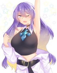 Rule 34 | 1girl, ;o, absurdres, arin anzu, arm up, armpits, bad id, bad pixiv id, bare arms, belt, black choker, black shirt, blue ribbon, breasts, choker, collared shirt, crop top, earrings, gradient hair, hair between eyes, hand up, highres, hololive, hololive indonesia, hoop earrings, jacket, jewelry, large breasts, long hair, long sleeves, looking at viewer, midriff, moona hoshinova, multicolored hair, neck ribbon, necklace, off shoulder, one eye closed, open clothes, open jacket, open mouth, purple eyes, purple hair, ribbon, shirt, sleeveless, sleeveless shirt, solo, star (symbol), starry background, upper body, virtual youtuber, white background, white jacket