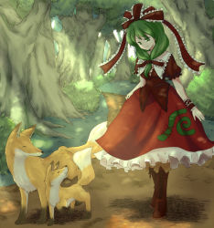 Rule 34 | 1girl, arm ribbon, bad id, bad pixiv id, boots, bow, cross-laced footwear, female focus, forest, fox, frills, front ponytail, green eyes, green hair, hair bow, hair ornament, hair ribbon, kagiyama hina, lace-up boots, light smile, long hair, nature, path, ribbon, road, short sleeves, smile, solo, touhou, tree, wjcds258